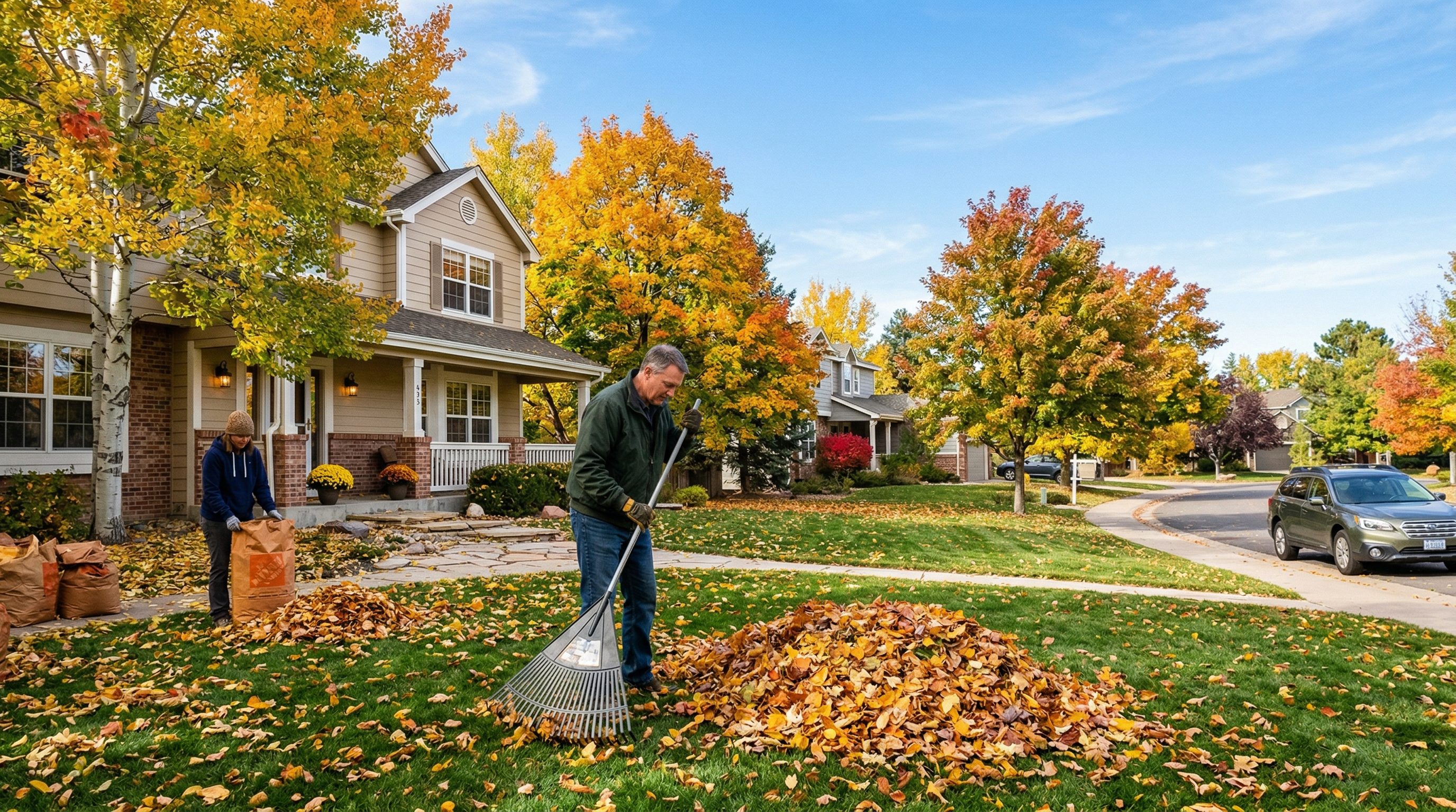 Fall leaf cleanup in an Arvada Colorado neighborhood with colorful autumn leaves and a lawn care professional at work