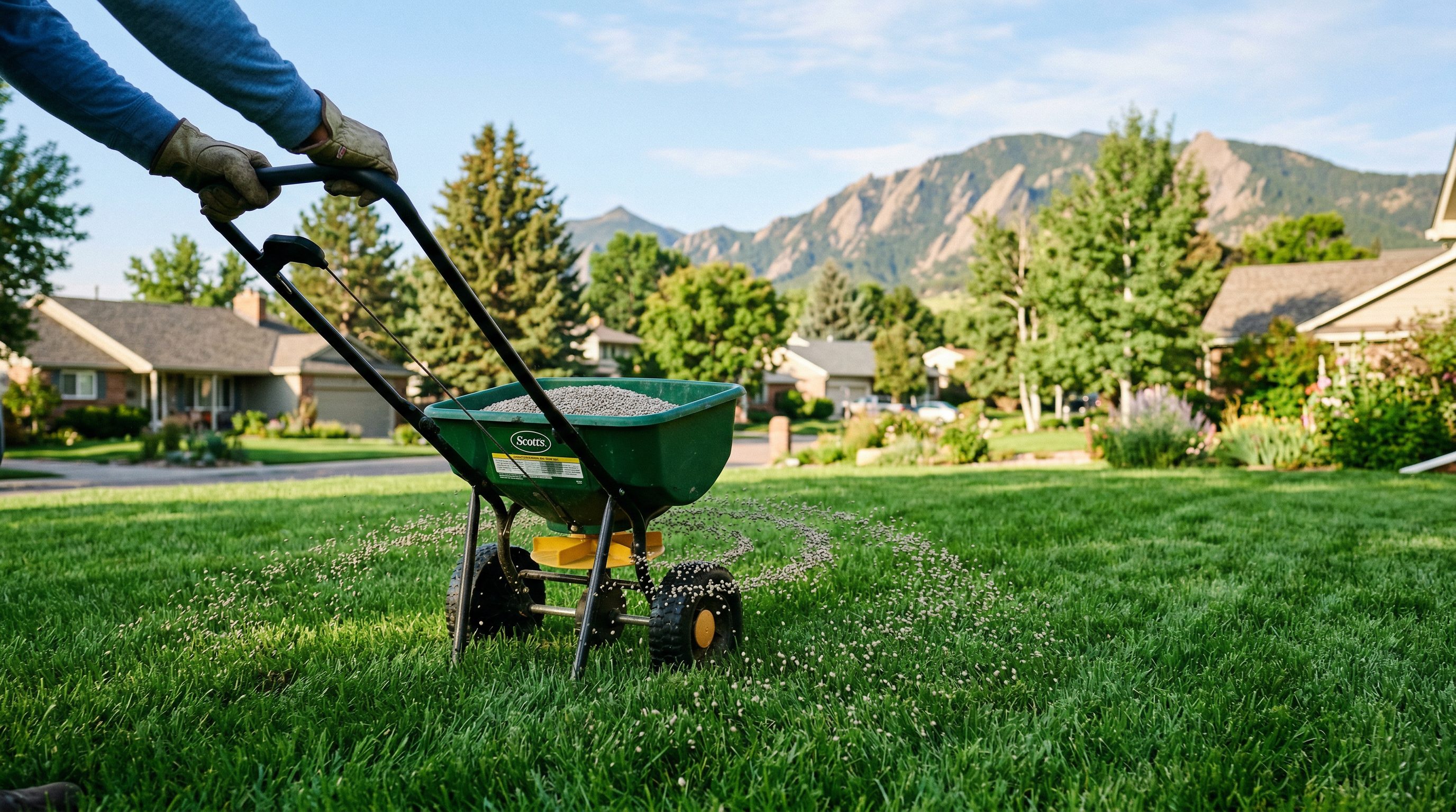 Lawn fertilization in progress in Arvada Colorado neighborhood with lush green turf and Rocky Mountain backdrop