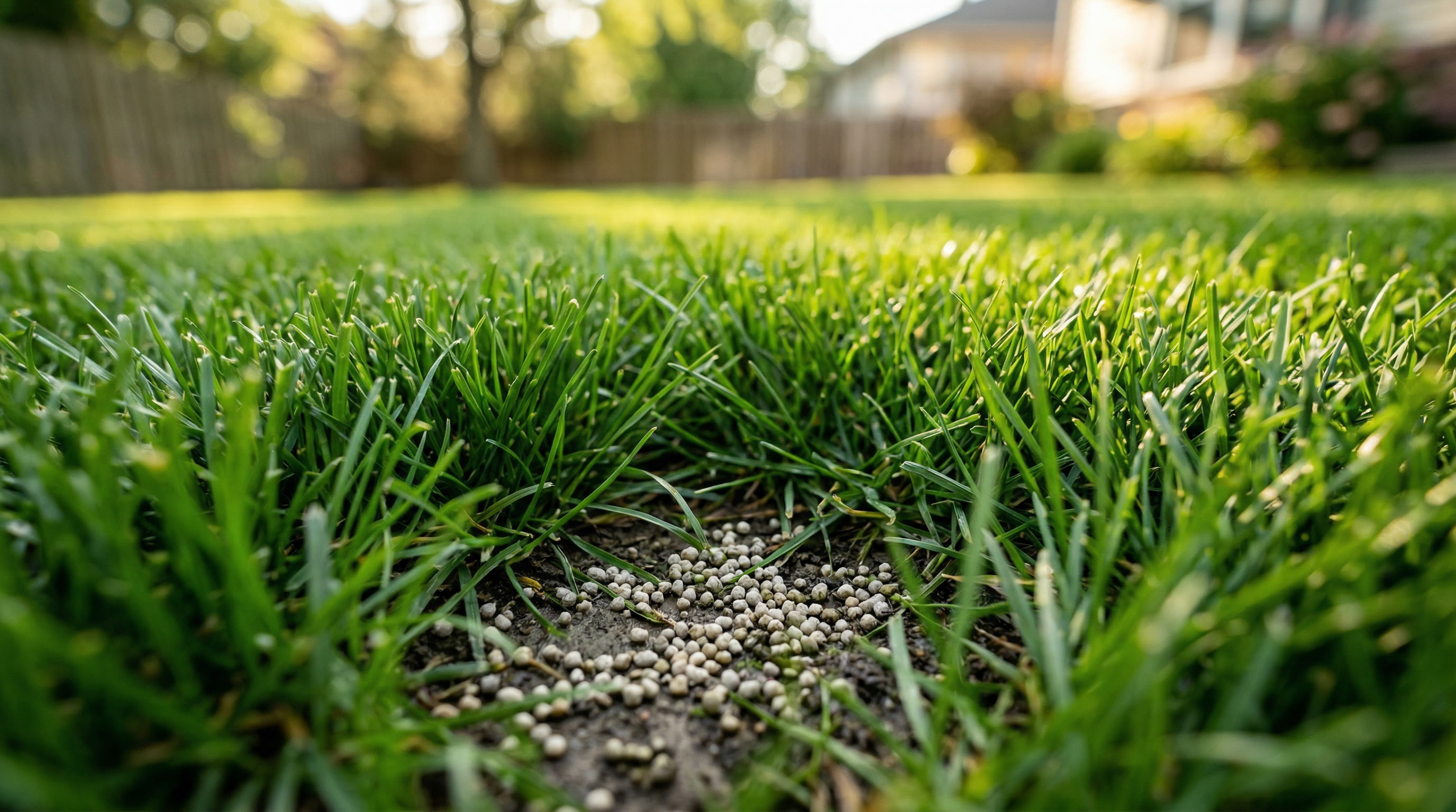 Close-up of healthy Colorado bluegrass with fertilizer granules on the soil surface
