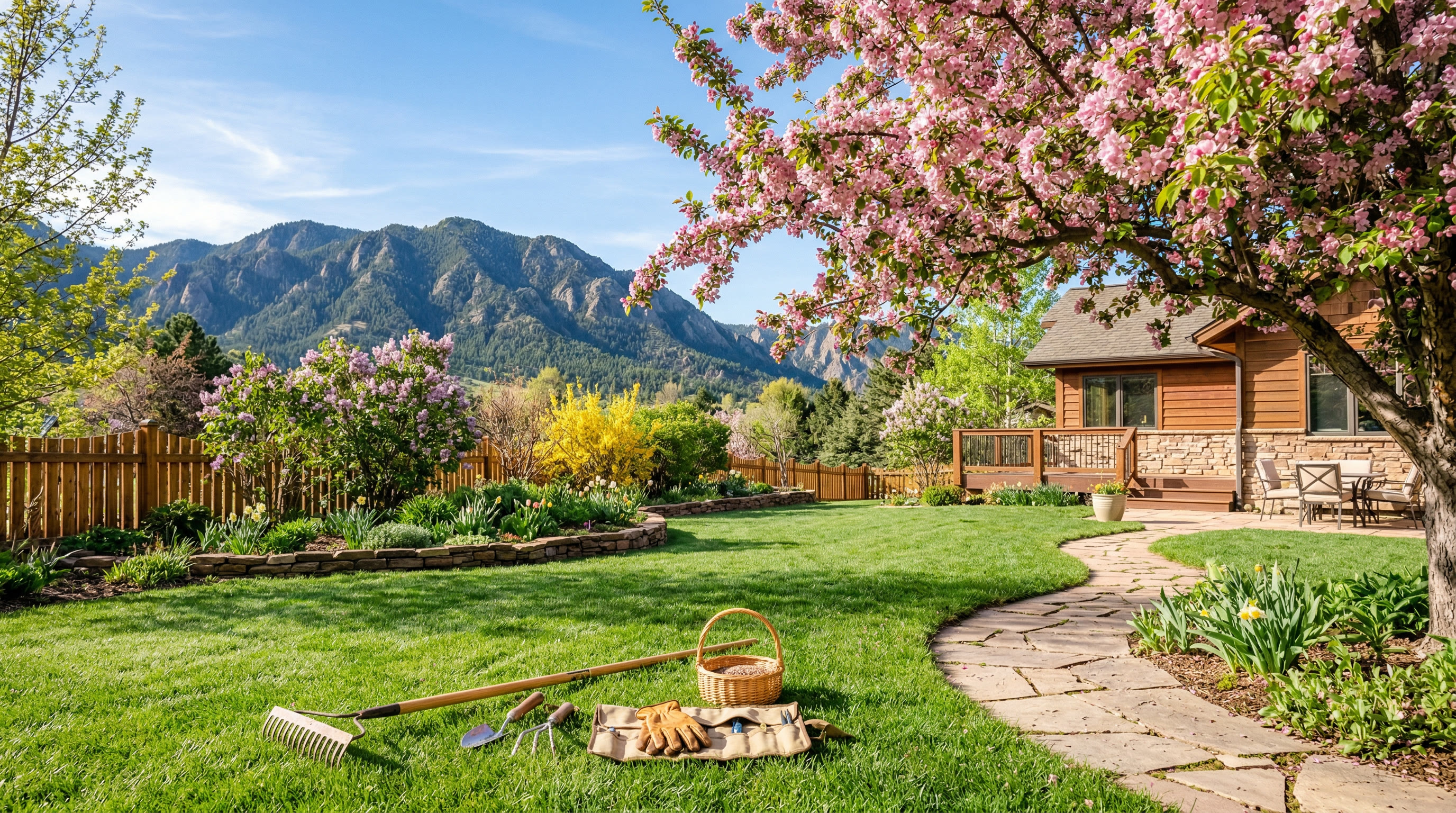 Beautiful Colorado backyard in spring with garden tools and flowering crabapple tree