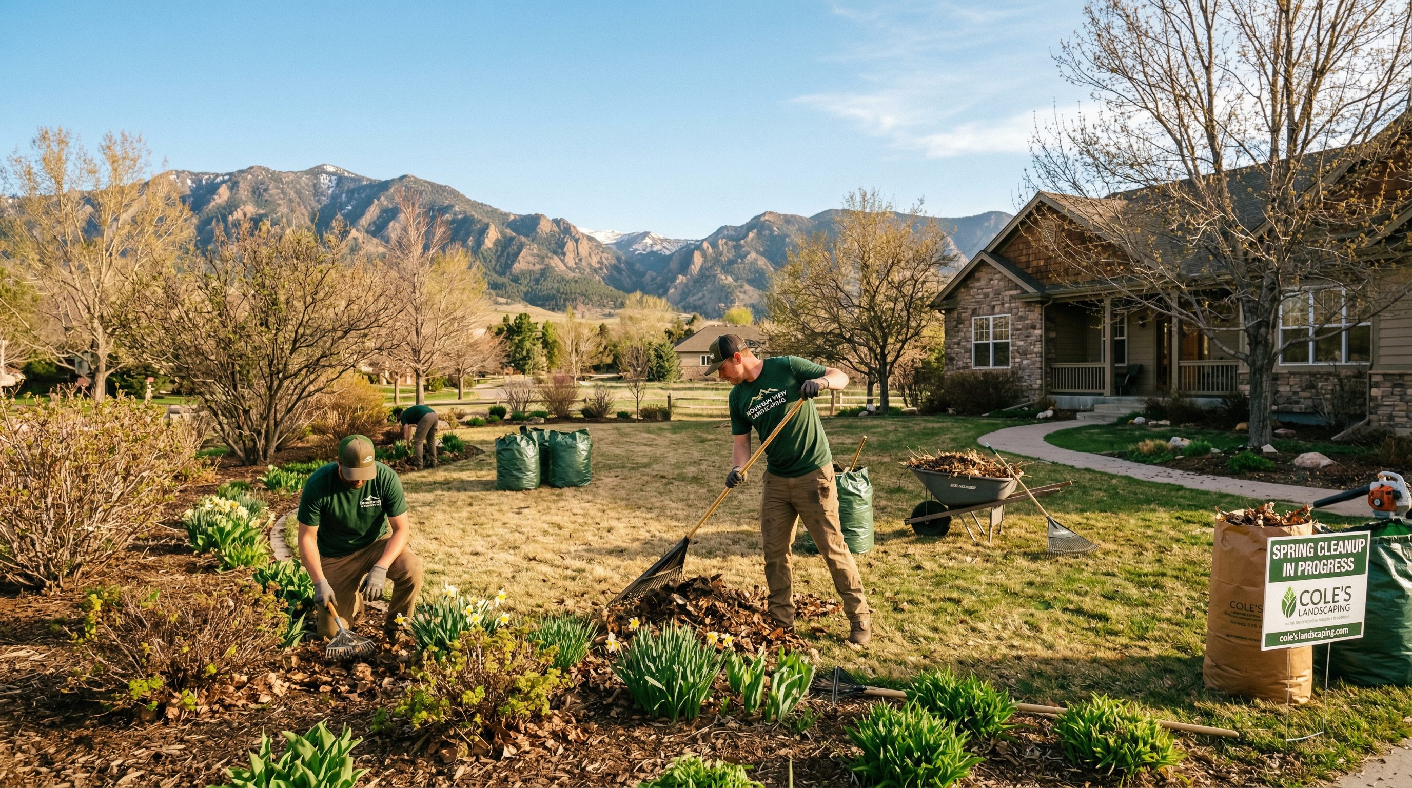 Spring lawn cleanup in progress in Arvada Colorado neighborhood with green grass and mountain views