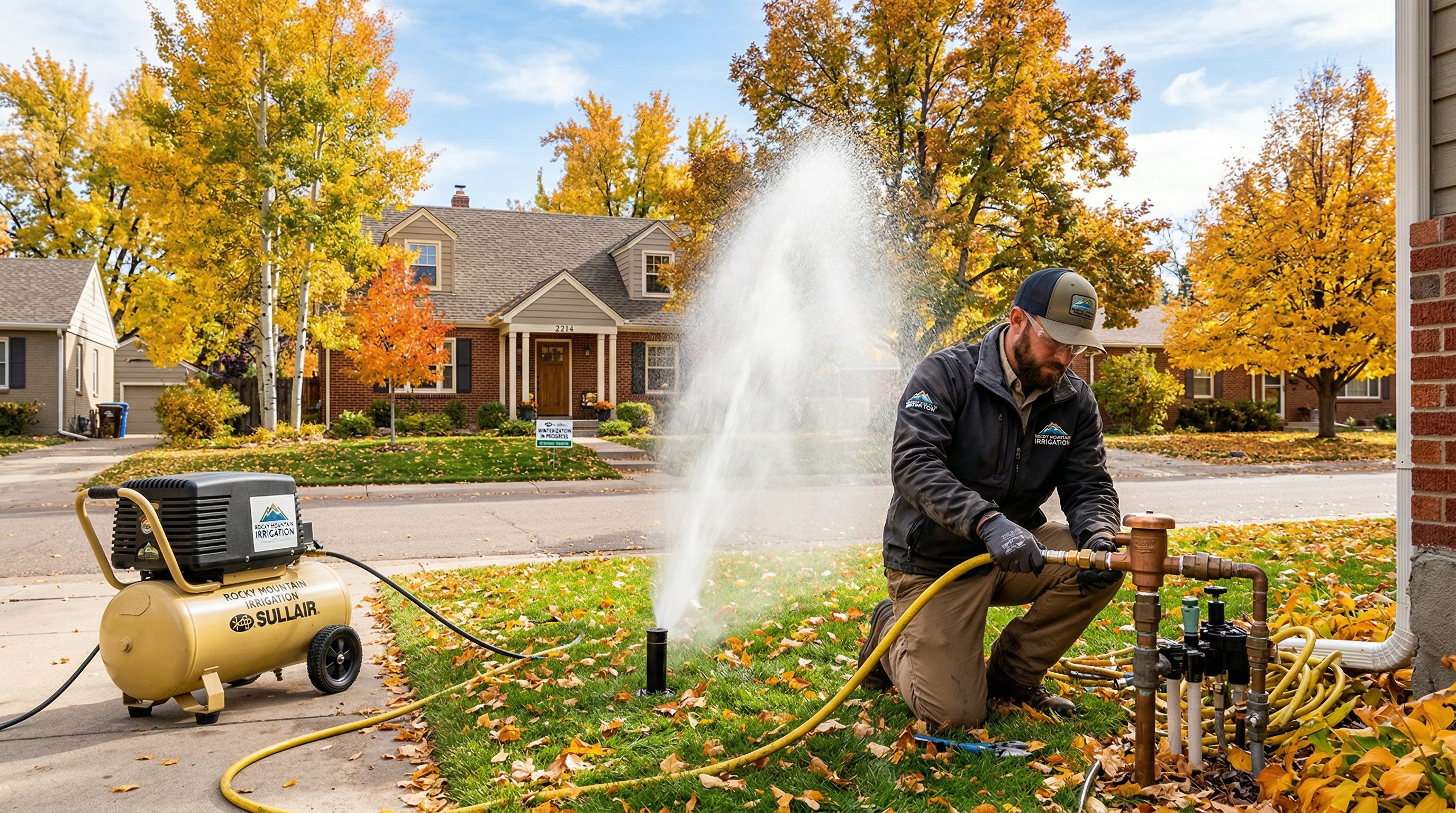 Irrigation sprinkler blowout in progress at an Arvada Colorado home in autumn with falling leaves