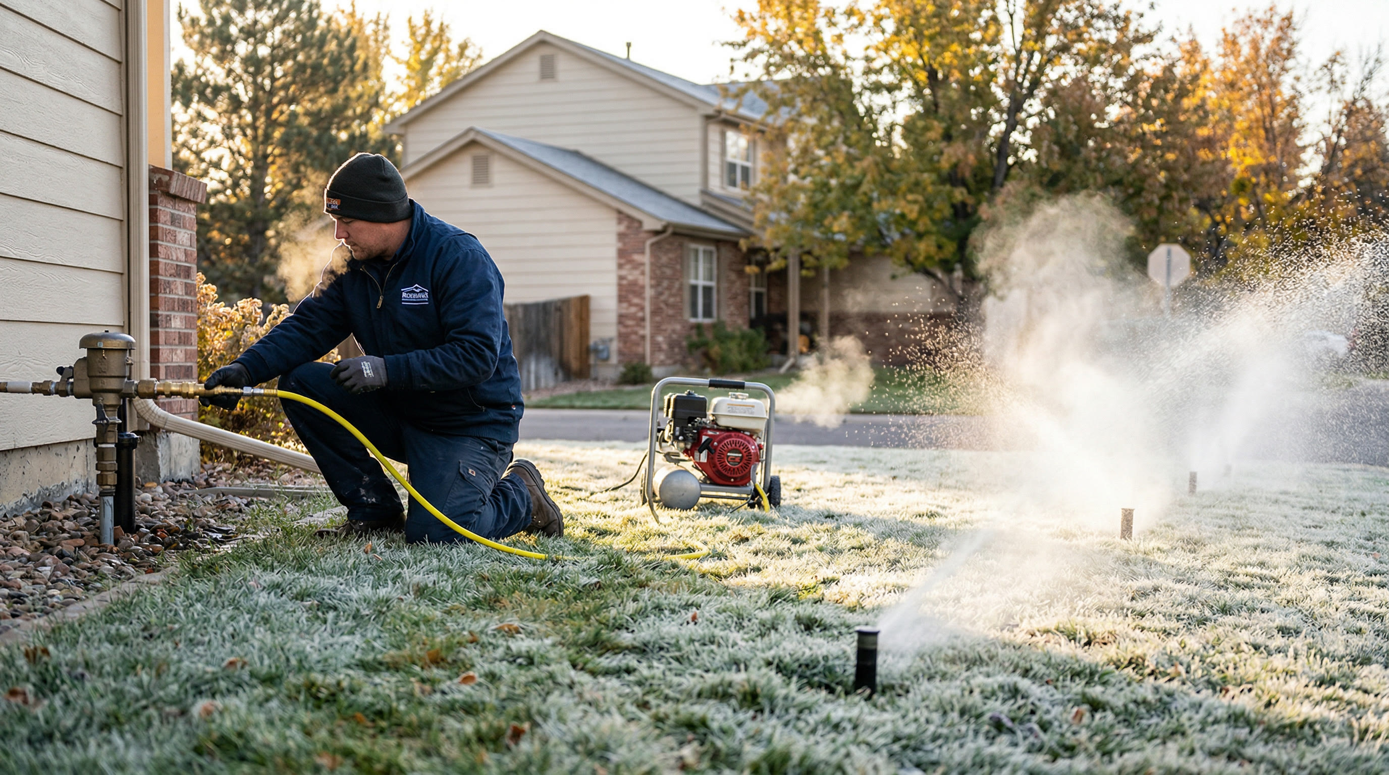 Technician winterizing a residential sprinkler system with an air compressor on a frosty Colorado morning